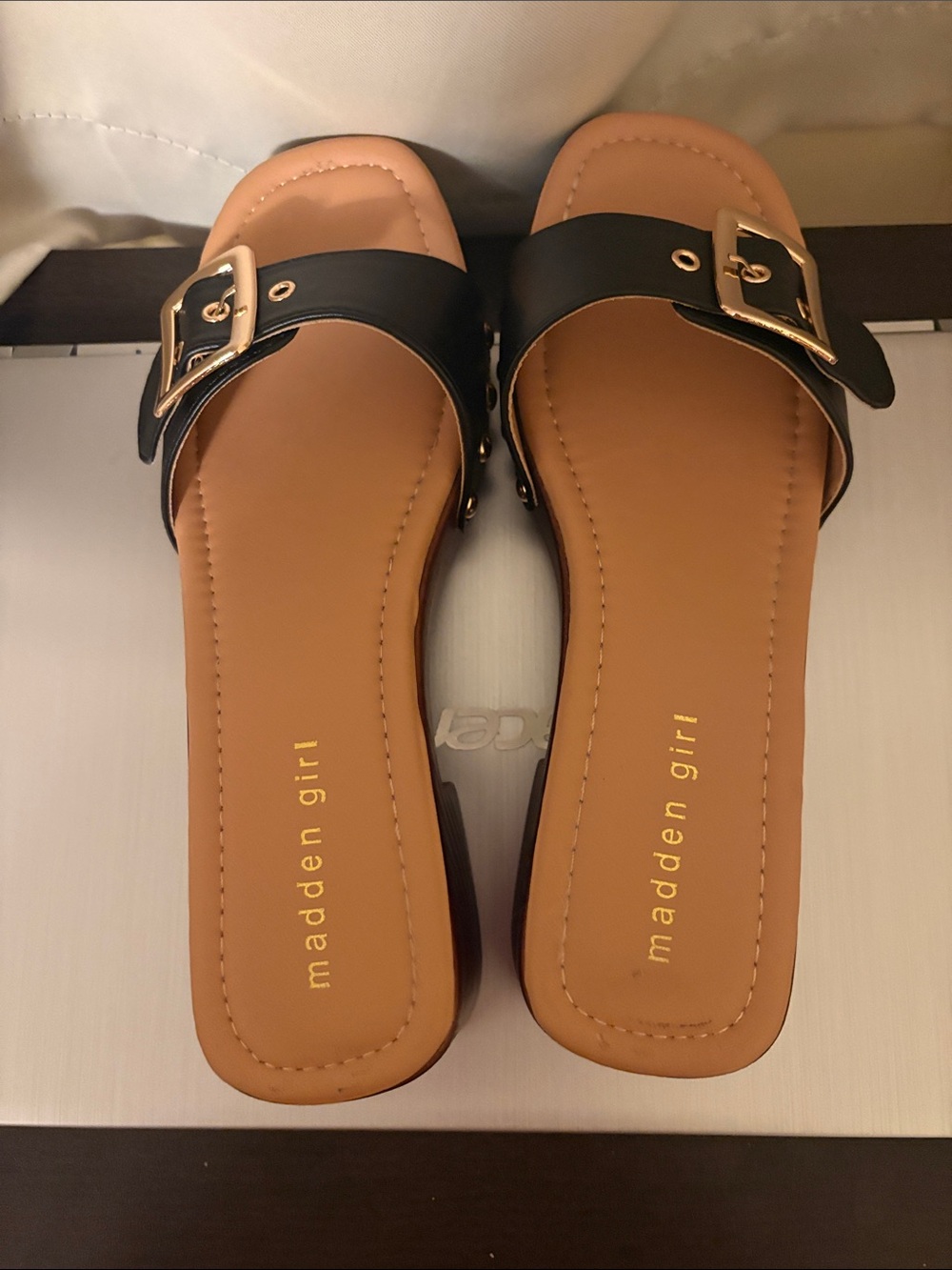Madden Girl Black Slide Sandals with Gold Buckle